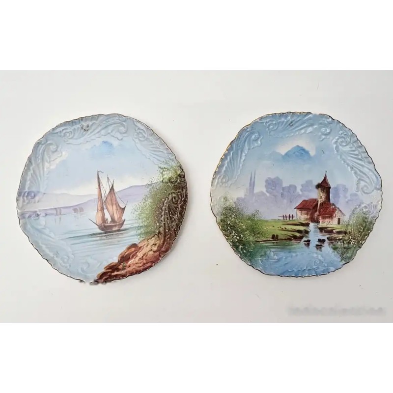 Pareja de Platos Decorativos de Porcelana de Limoges - Paisajes Pintados a Mano