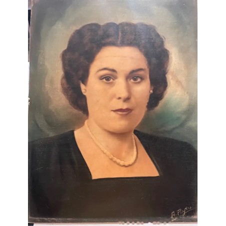 Retrato Vintage de Dama Elegante - Óleo sobre Madera de Mediados del Siglo XX