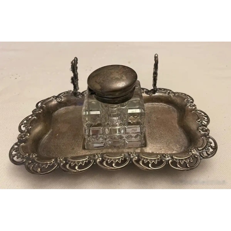 Tintero Vintage de Metal Plateado con Frasco de Cristal Tallado Tintero Vintage de Metal Plateado con Frasco de Cristal Tallado
