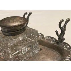 Tintero Vintage de Metal Plateado con Frasco de Cristal Tallado
