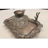 Tintero Vintage de Metal Plateado con Frasco de Cristal Tallado