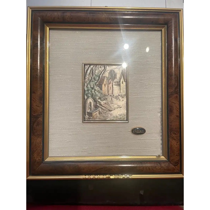 Cuadro de Plata Repujada Italiano - Escena Paisajística de Fabiani