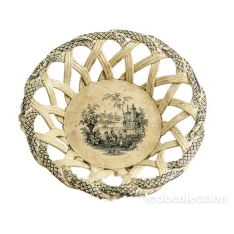 Cesto de Loza Estampada Siglo XIX - Cartuja Pickman Decoración Sepia 24cm