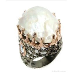 Anillo Artesanal con Perla Barroca Natural 27x18mm - Plata 925 Bicolor con Gemas