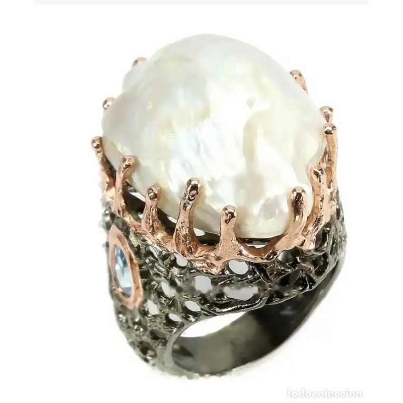 Anillo Artesanal con Perla Barroca Natural 27x18mm - Plata 925 Bicolor con Gemas