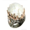 Anillo Artesanal con Perla Barroca Natural 27x18mm - Plata 925 Bicolor con Gemas
