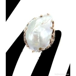 Anillo Artesanal con Perla Barroca Natural 27x18mm - Plata 925 Bicolor con Gemas