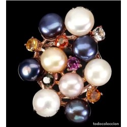 Anillo de Plata con Perlas Multicolor - Baño Oro Rosa y Gemas de Colores