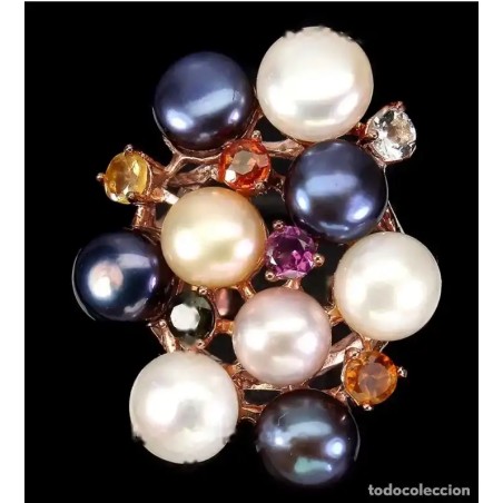 Anillo de Plata con Perlas Multicolor - Baño Oro Rosa y Gemas de Colores