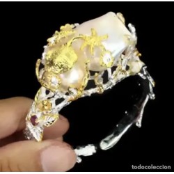 Brazalete Artesanal Plata Bicolor con Perla Barroca 35x22mm - Diseño Marino