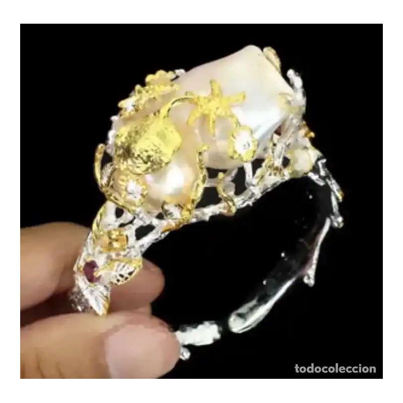 Brazalete Artesanal Plata Bicolor con Perla Barroca 35x22mm - Diseño Marino