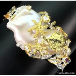 Brazalete Artesanal Plata Bicolor con Perla Barroca 35x22mm - Diseño Marino