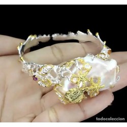 Brazalete Artesanal Plata Bicolor con Perla Barroca 35x22mm - Diseño Marino