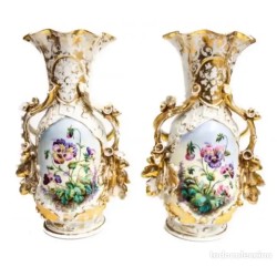 Pareja de Jarrones Isabelinos Porcelana Siglo XIX - Decoración Floral y Oro 42cm