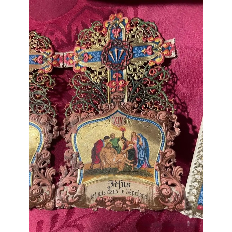 Vía Crucis Antiguo Policromado Estación XIV - Pieza Religiosa Ornamentada