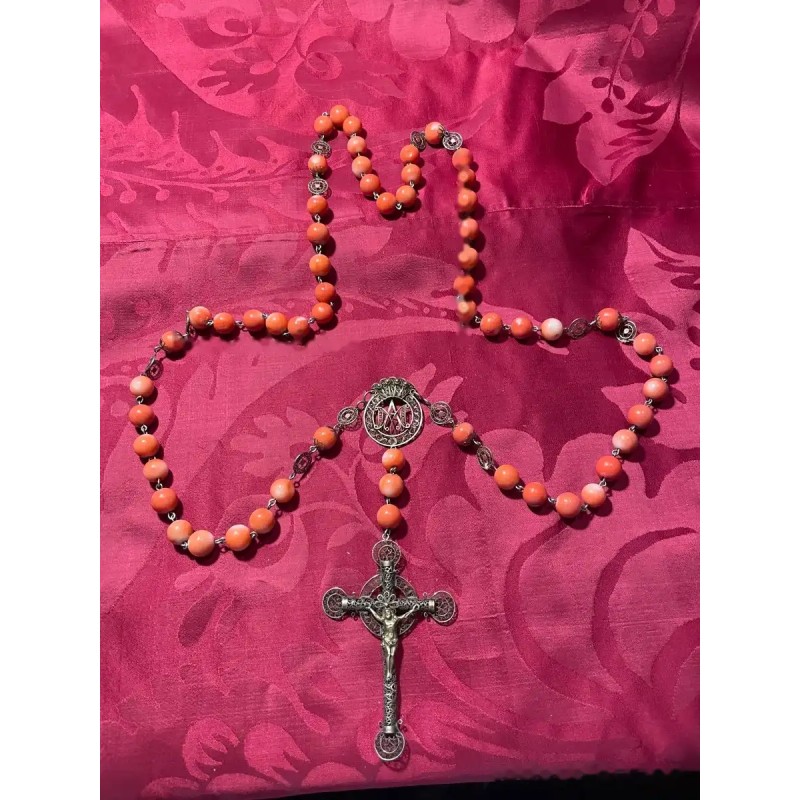 Rosario Antiguo de Filigrana de Plata con Cuentas de Coral Auténtico - Joya Religiosa