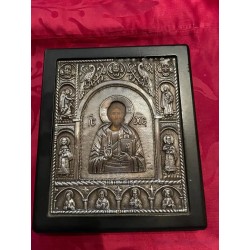 Icono Bizantino de Cristo Pantocrátor en Plata - Obra Religiosa Ortodoxa Antigua