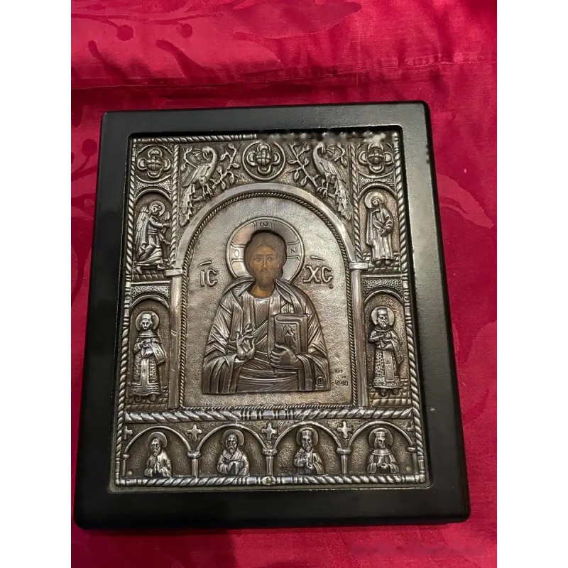 Icono Bizantino de Cristo Pantocrátor en Plata - Obra Religiosa Ortodoxa Antigua