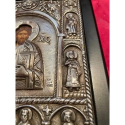Icono Bizantino de Cristo Pantocrátor en Plata - Obra Religiosa Ortodoxa Antigua