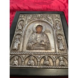 Icono Bizantino de Cristo Pantocrátor en Plata - Obra Religiosa Ortodoxa Antigua