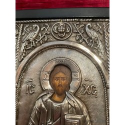 Icono Bizantino de Cristo Pantocrátor en Plata - Obra Religiosa Ortodoxa Antigua