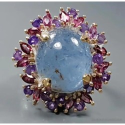 Anillo Exclusivo de Plata con Aguamarina Natural 23 Quilates - Rodeado de Amatistas