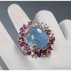 Anillo Exclusivo de Plata con Aguamarina Natural 23 Quilates - Rodeado de Amatistas