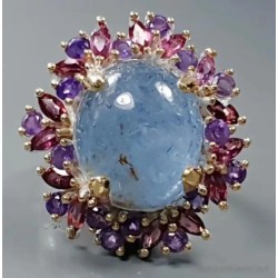 Anillo Exclusivo de Plata con Aguamarina Natural 23 Quilates - Rodeado de Amatistas