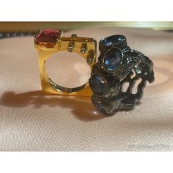 Conjunto de Anillos Artísticos Contemporáneos - Dúo Bicolor con Piedras Azules y Rosa