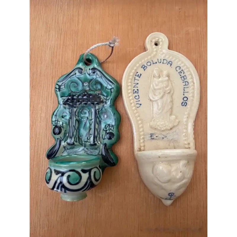 Pareja de Benditeras Antiguas en Cerámica - Pila de Agua Bendita Virgen de Ceballos