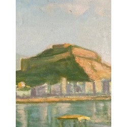 Oleo Vintage - Paisaje Costero con Barcas y Montaña en Tonos Verdes