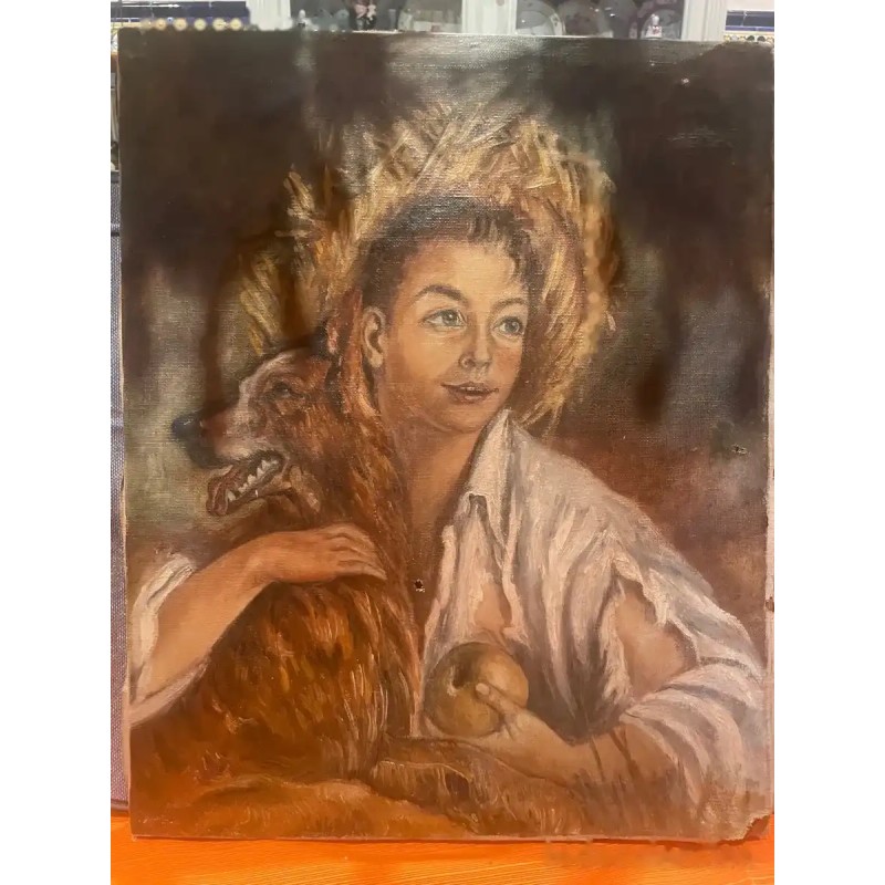 Retrato Vintage - Mujer con Perro en Óleo sobre Lienzo Retrato Vintage - Mujer con Perro en Óleo sobre Lienzo