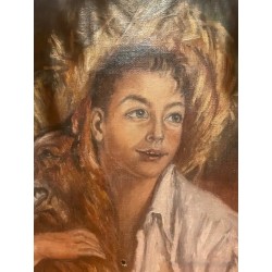 Retrato Vintage - Mujer con Perro en Óleo sobre Lienzo