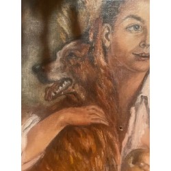 Retrato Vintage - Mujer con Perro en Óleo sobre Lienzo