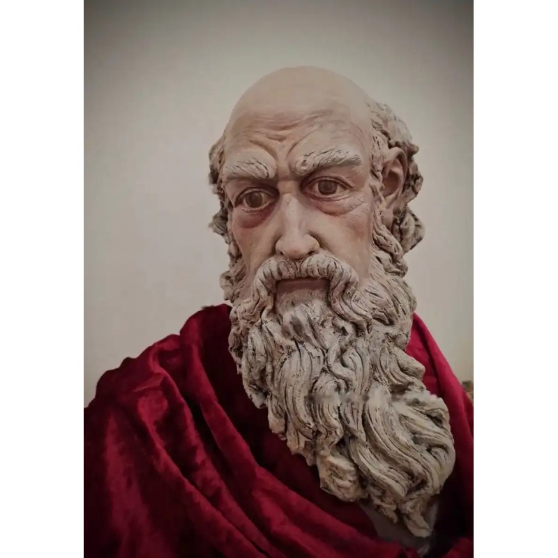 Busto Escultórico de Filósofo - Terracota Policromada con Expresión Intensa Busto Escultórico de Filósofo - Terracota Policromada con Expresión Intensa