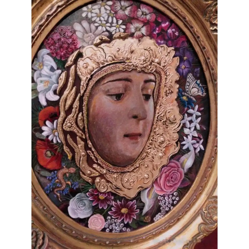 Virgen Rodeada de Flores - Obra Alegórica en Óleo Virgen Rodeada de Flores - Obra Alegórica en Óleo