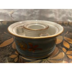 Tintero Antiguo de Porcelana con Borde Dorado y Diseño Floral - Coleccionable