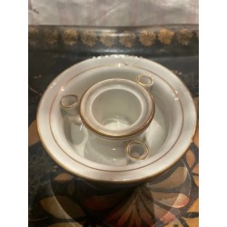 Tintero Antiguo de Porcelana con Borde Dorado y Diseño Floral - Coleccionable