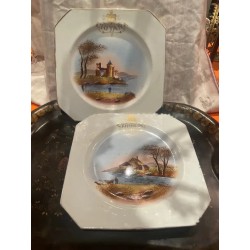 Pareja de Platos Antiguos Pickman La Cartuja - Porcelana con Escenas Paisajísticas