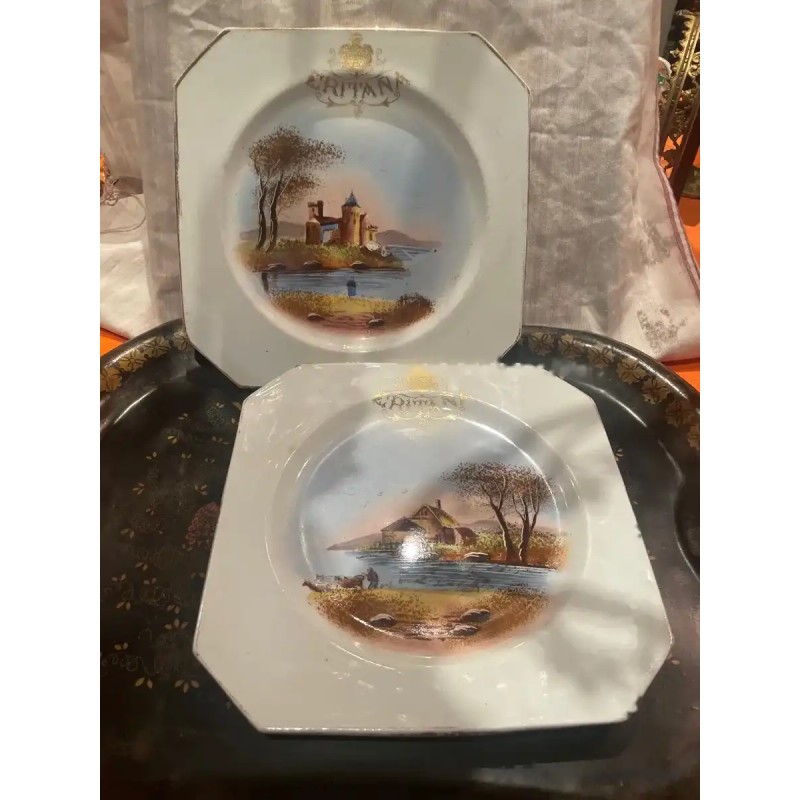 Pareja de Platos Antiguos Pickman La Cartuja - Porcelana con Escenas Paisajísticas