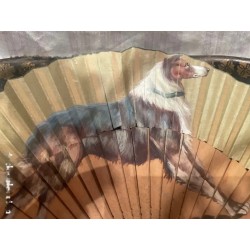 Abanico Antiguo de Papel Pintado con Perro Collie - Pieza Decorativa Coleccionable