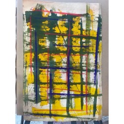 Composición Abstracta de Miguel Caiceo - Arte Geométrico en Verde, Amarillo y Rojo