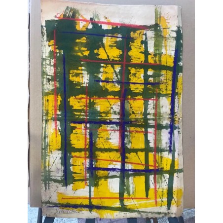 Composición Abstracta de Miguel Caiceo - Arte Geométrico en Verde, Amarillo y Rojo