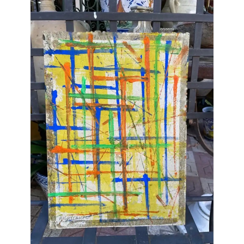 Cuadro Abstracto de Miguel Caiceo - Composición Geométrica Multicolor sobre Amarillo