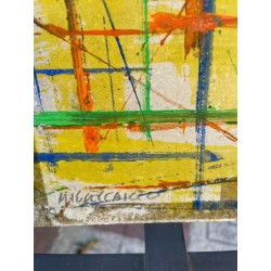 Cuadro Abstracto de Miguel Caiceo - Composición Geométrica Multicolor sobre Amarillo