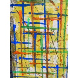 Cuadro Abstracto de Miguel Caiceo - Composición Geométrica Multicolor sobre Amarillo