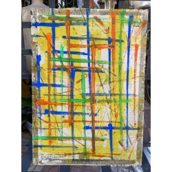 Cuadro Abstracto de Miguel Caiceo - Composición Geométrica Multicolor sobre Amarillo