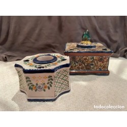 Pareja de Tinteros Antiguos de Cerámica Decorada - Piezas Artesanales de Colección