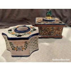 Pareja de Tinteros Antiguos de Cerámica Decorada - Piezas Artesanales de Colección