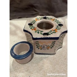 Pareja de Tinteros Antiguos de Cerámica Decorada - Piezas Artesanales de Colección